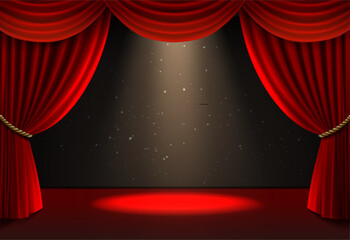 3d realistic vector icon illustration. Theater scene or cinema or opera hall with Red velvet curtain drapery and stage with spotlight. 