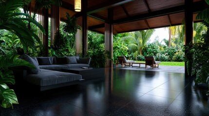 Fototapeta premium A large open living room with a black floor and a black couch