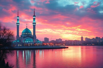 Fototapeta premium Majestic Mosque at Sunset Over City Waterscape