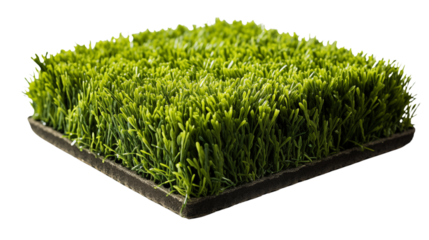 Synthetic grass rug designed for indoor or outdoor use, mimicking the look of natural green turf, studio view, isolated on transparent background.