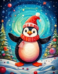A Bubbly penguin with a Christmas hat on dancing in the snow
