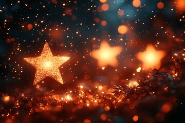 Sparkling star ornaments and festive lights illuminate a winter scene