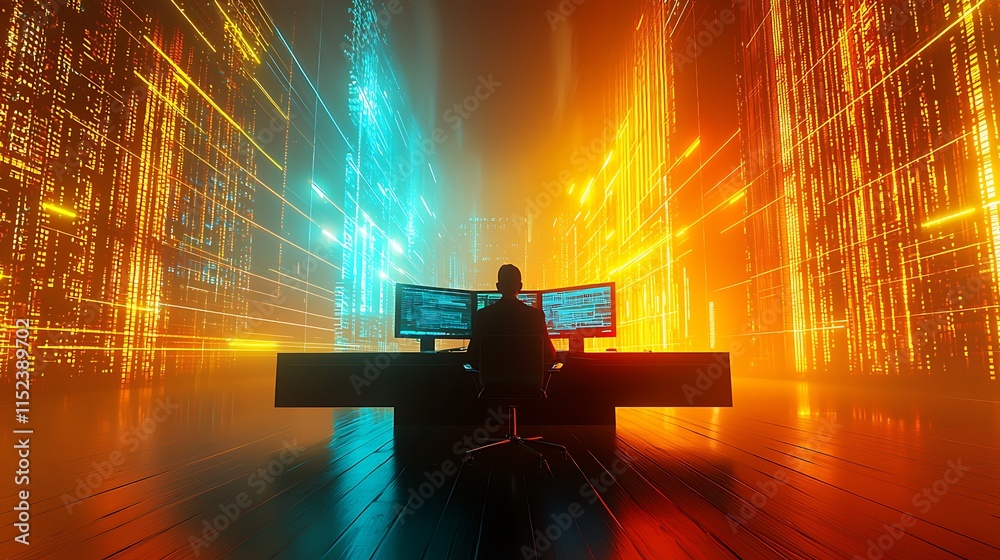 Aufkleber Coder Working Amidst Vibrant Digital Data Streams