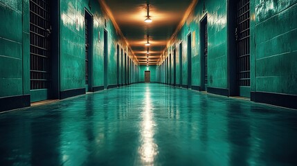 Dimly lit prison corridor with reflective floor and closed cell doors