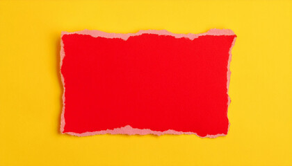 Red paper with torn edges on yellow background. Note paper for message. Top view. Mock-up.