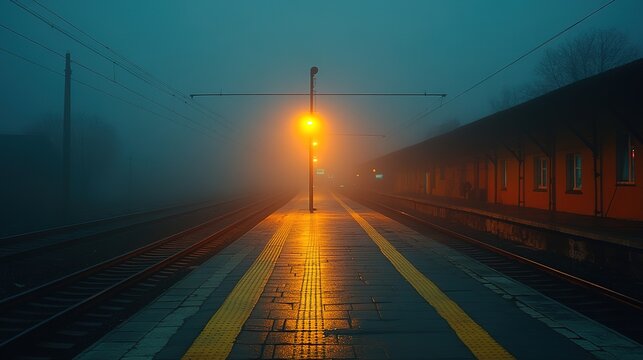 Misty train station at night with orange lamp light illuminating empty platform and train tracks