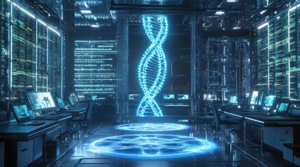 Futuristic lab interior with glowing DNA helix and high-tech equipment.