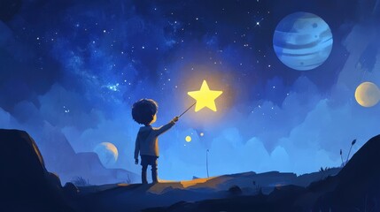 Fototapeta premium beautiful scenery showing the young boy standing among glowing planets and holding the star up in the night sky, digital art style, illustration painting