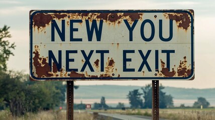 Rustic 'New You Next Exit' Sign Symbolizing Transformation