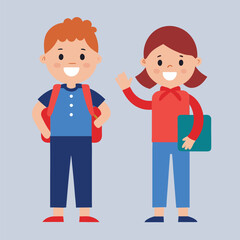 Cartoon illustration of a boy and girl standing together, representing a family with children, fun, and love in a playful design