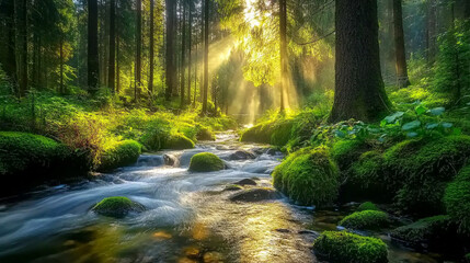 Fototapeta premium Sunlight filters through trees over a serene stream in a lush forest during the early morning hours