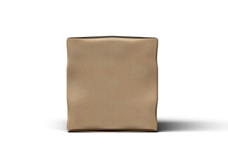 Rendered image of a small cubic cardboard box with dents on a transparent background