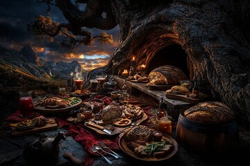 Fototapeta premium A beautifully arranged picnic featuring an array of gourmet dishes displayed on a lush outdoor setting. The spread includes roasted vegetables, fresh salads, artisanal bread, and elegantly served meat