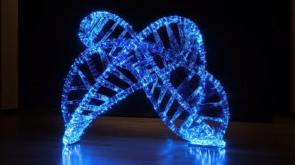 Glowing blue double helix DNA model on dark floor.
