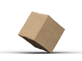 Rendered image of a small cubic cardboard box with dents on a transparent background