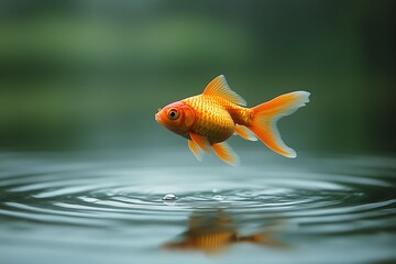 Golden Fish Leaping Over Water Surface