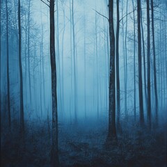Fototapeta premium A foggy forest with tall, bare trees