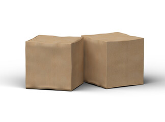 Rendered image of a small cubic cardboard box with dents on a transparent background