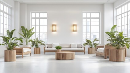 A spacious living room with clean white walls and natural wood furniture Plants in wooden pots are scattered around and