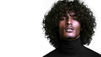Obraz premium Black male model thin aquiline nose long curly hair. Black man. Black male model. Elegant man. Sexy man. A seductive guy. Fatal man. Copy-space for text. Minimalistic background. Generate AI.