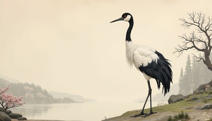 Obraz premium Elegant Asian Crane in Minimalist Landscape at Dawn