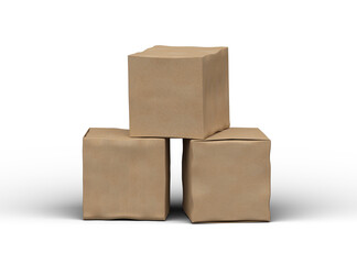 Rendered image of a small cubic cardboard box with dents on a transparent background