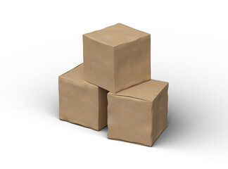 Rendered image of a small cubic cardboard box with dents on a transparent background