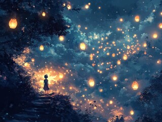 a child standing under many lit lanterns in the night