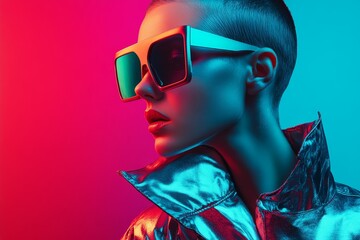 Bold model poses under vibrant neon lights in a stylish futuristic outfit