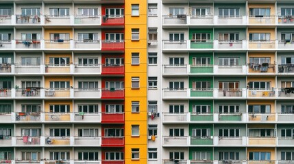 Close-up of a residential building's side, showcasing a pattern of balconies against a minimalist sky, highlighting urban life and modern architectural design