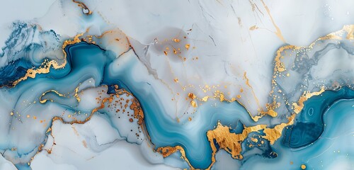 Abstract marble with gold lining, ocean blue accents, clean modern decor