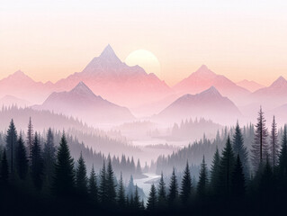 Obraz premium Serene mountain landscape with misty forest and sunrise