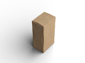Rendered image of rectangular cardboard box with dents on a transparent background