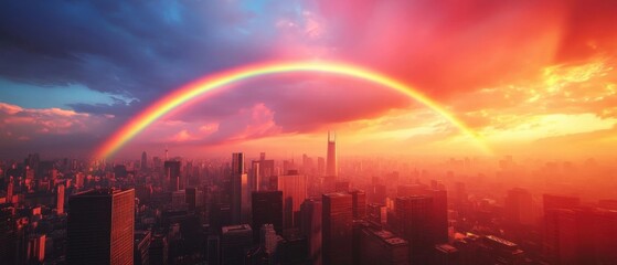Fototapeta premium rainbow over a city skyline at sunset