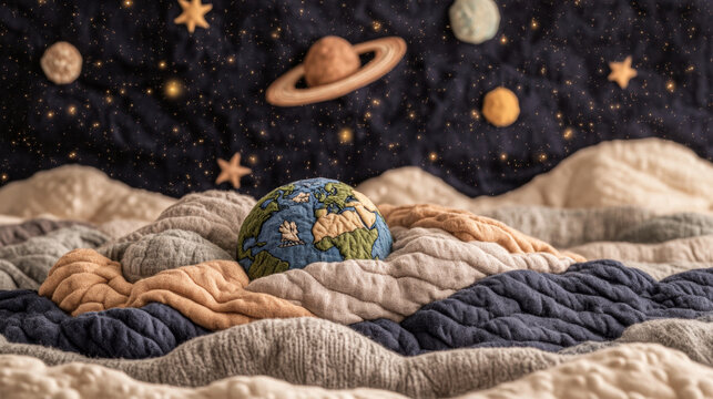Knitted earth and planets in a cozy cosmic landscape