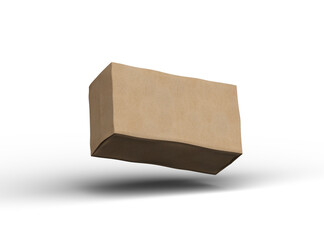 Rendered image of rectangular cardboard box with dents on a transparent background