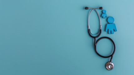 Fototapeta premium Aerial view of stethoscope on cyan background with 3d family icons for health care insurance concept