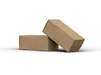 Rendered image of rectangular cardboard box with dents on a transparent background
