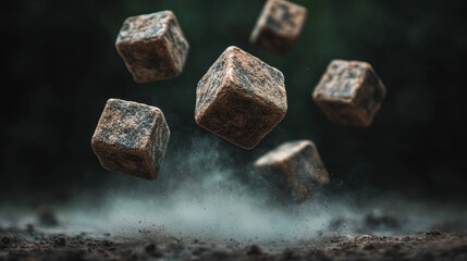 Floating stones in mid-air with dusty impact on ground