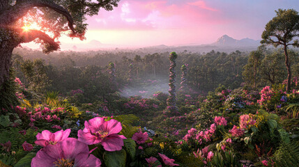 Obraz premium Enchanted jungle at sunrise with vibrant flowers and mystical tower