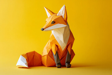 Obraz premium Paper origami fox sitting gracefully, its tail curled around its body, on a warm yellow background.