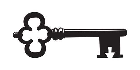 A simple, elegant silhouette of an ornate key, perfect for representing security, unlocking, or vintage themes.