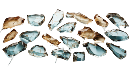 A variety of shattered glass textures in high detail for creative projects, studio view, isolated on transparent background.