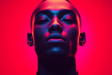 Neon Lit Portrait of a Young Man with Eyes Closed