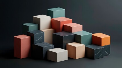 Fototapeta premium Abstract geometric shapes in muted tones, arranged in a pyramid-like structure on a dark background.