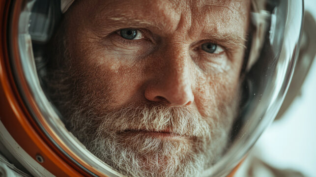Pensive astronaut portrait with close-up of weathered face in space helmet