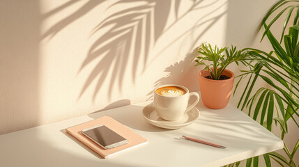 Morning sunlight on coffee and smartphone in minimalist workspace with plant shadows