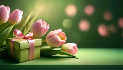 Fototapeta premium tulips and gift box with space for text. template card for birthday, March 8 and mother's day.