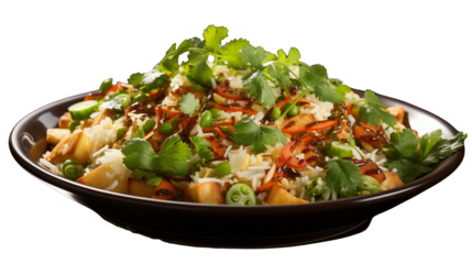 A colorful serving of bhelpuri, a tangy and spicy Indian street food made of puffed rice and chutneys, studio view, isolated on transparent background.