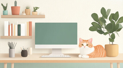 Minimal home office desk with computer, cat, and potted plants for a relaxed workspace